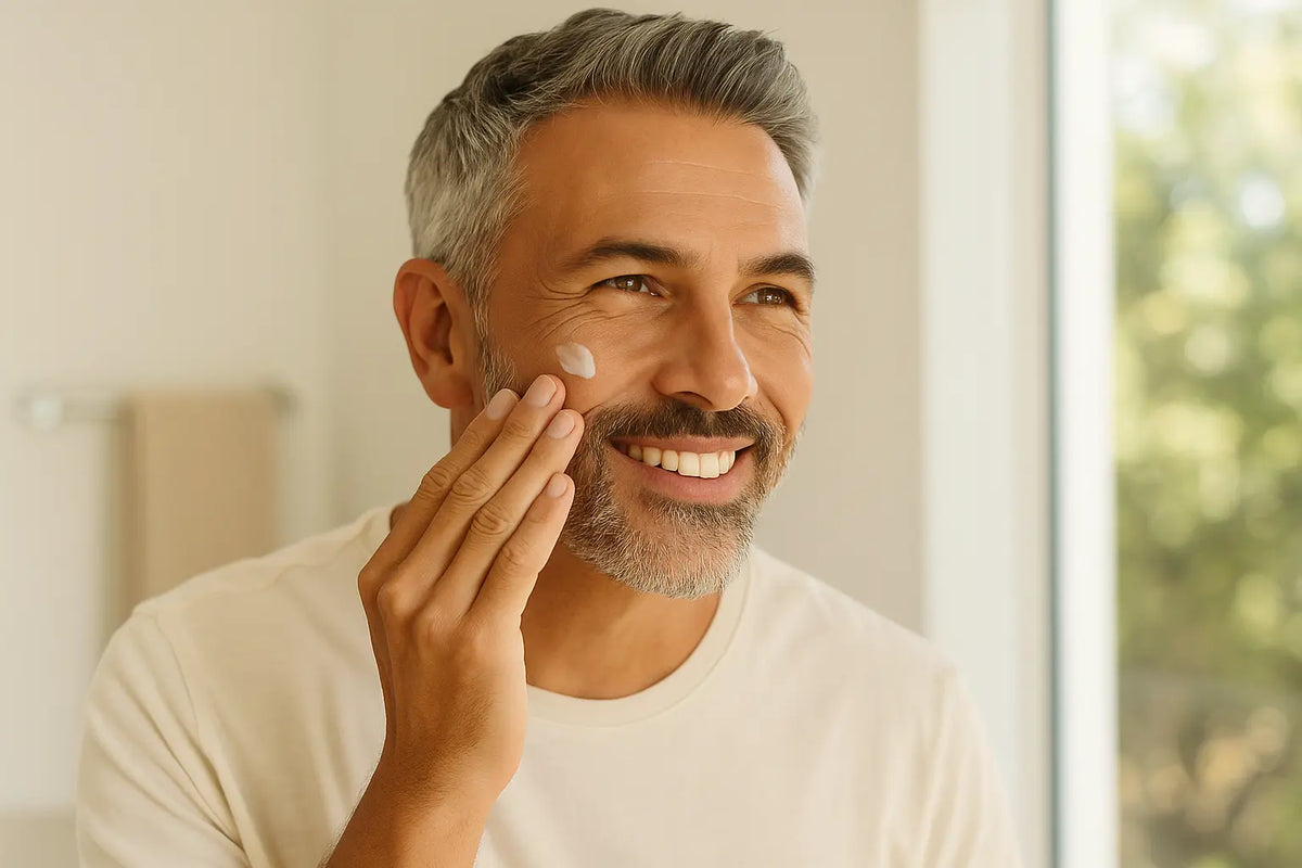 middle-aged dad with healthy, glowing skin while applying skincare