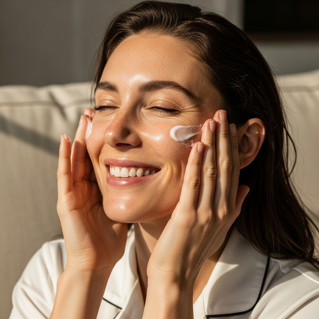 Woman applying multivitamin cream to clean, hydrated skin