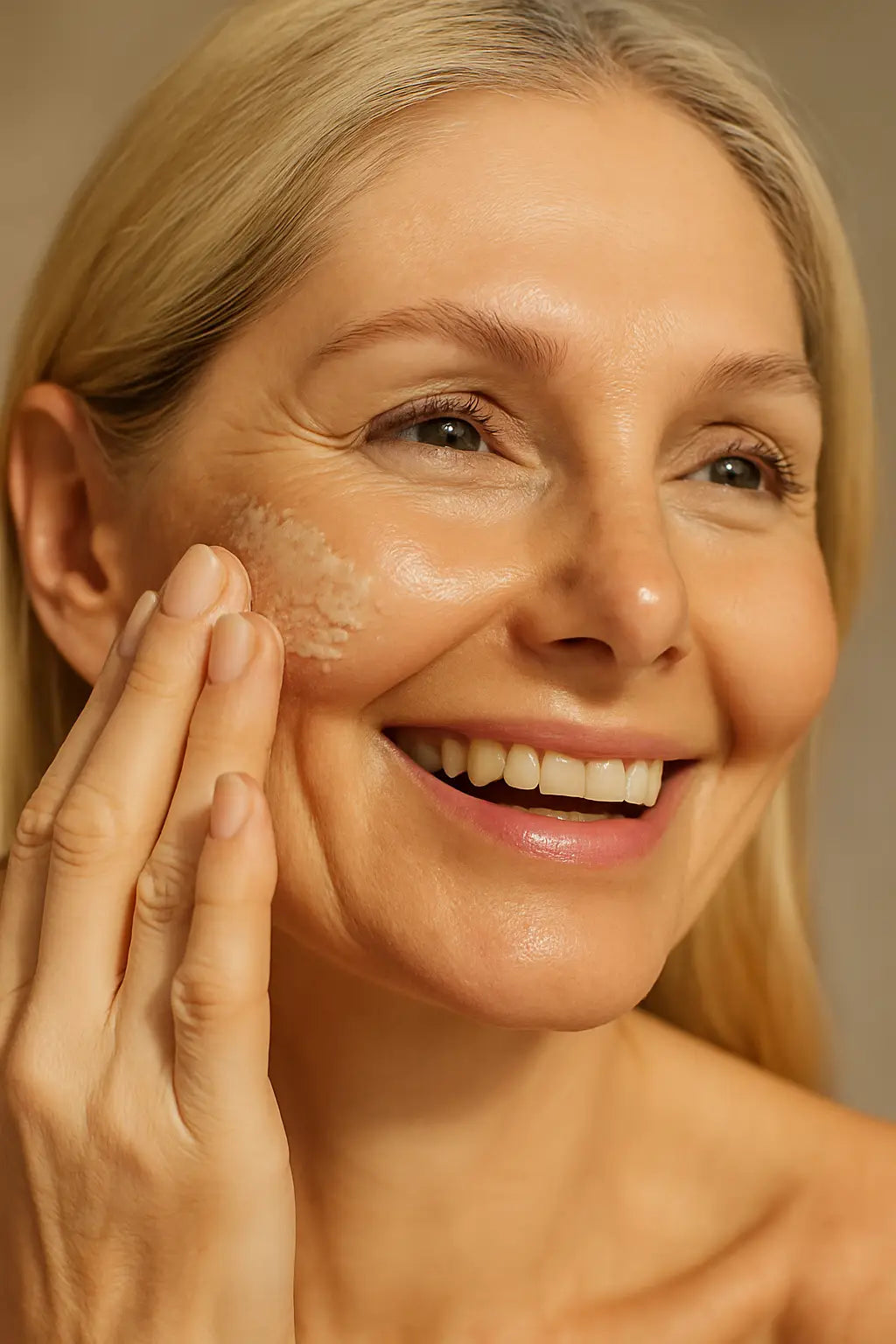 Close-up of a smiling woman with fresh, dewy skin gently exfoliating her face, captured in natural light for a spring skincare routine.