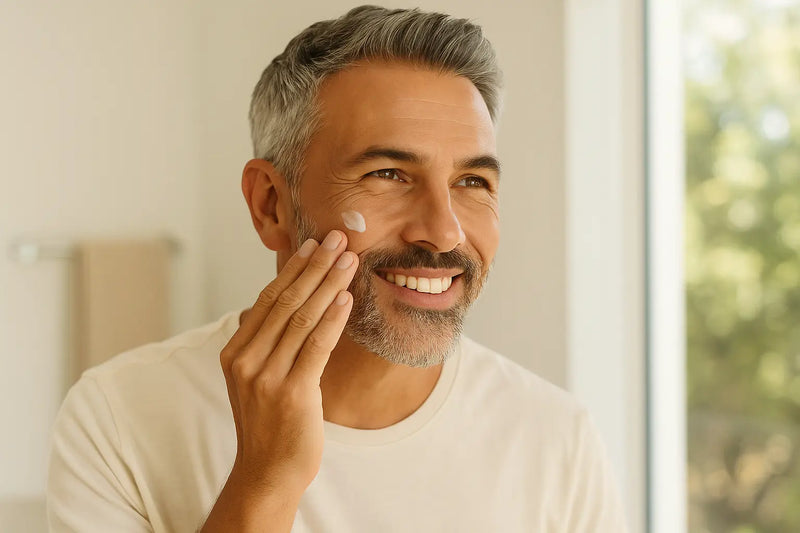 middle-aged dad with healthy, glowing skin while applying skincare