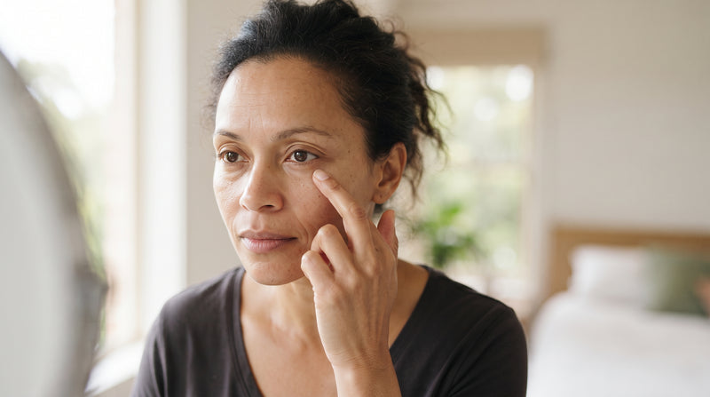 Woman closely examining under-eye skin in soft natural light