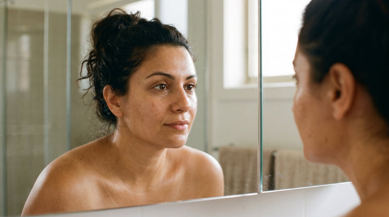 35-year-old Middle Eastern Australian woman with medium skin tone looking at her reflection in a bathroom mirror in warm morning light