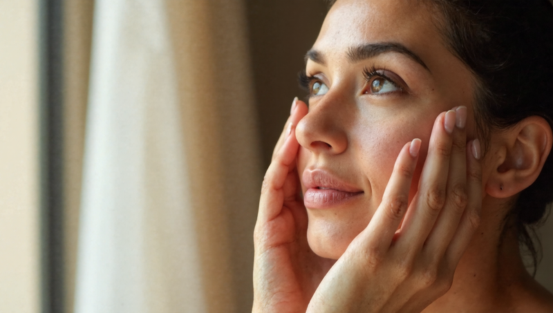 Woman in her late thirties applying barrier-repairing serum to her dry cheek with fingertips in natural bathroom lighting