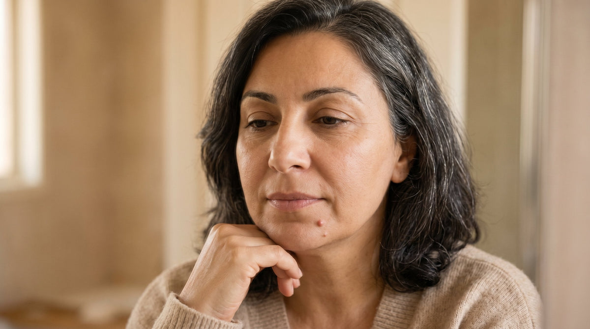 51-year-old Middle Eastern Australian woman with medium skin tone and curvy figure, close-up portrait showing fine lines and a small blemish, calm expression in warm natural light