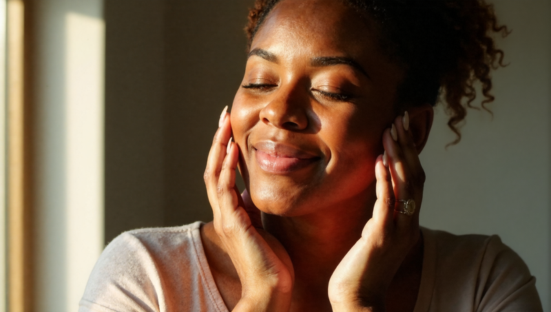 Woman in her 40s with glowing skin gently touching her face with both hands in soft natural light, eyes closed in contentment