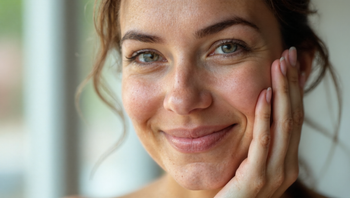Woman in her late twenties gently touching her clear, healthy-looking skin on her cheek with a peaceful expression
