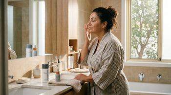 A mature woman applying skincare at a bathroom vanity in soft morning light, with three Dermalogica products arranged beside her.