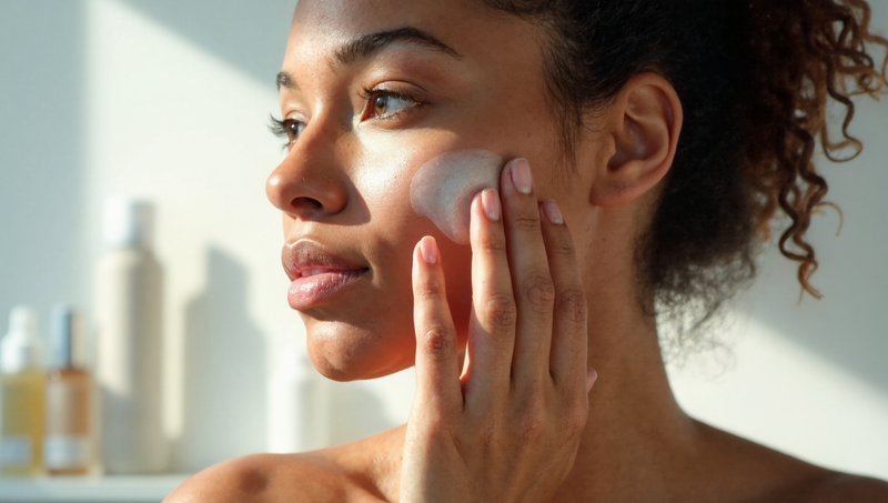 Woman in her 30s applying Pro-Collagen Banking Water Cream to her cheek after serum application in a bright bathroom