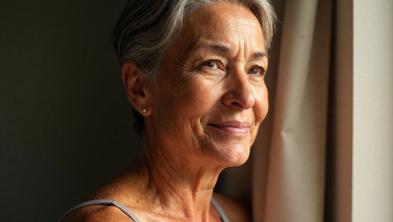 Woman in her 30s with calm, healthy-looking skin in natural side lighting showing peaceful expression and clear complexion