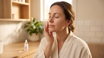 41-year-old Southern European Australian woman with fair skin gently touching her cheek in warm natural light, eyes closed, contemplative expression