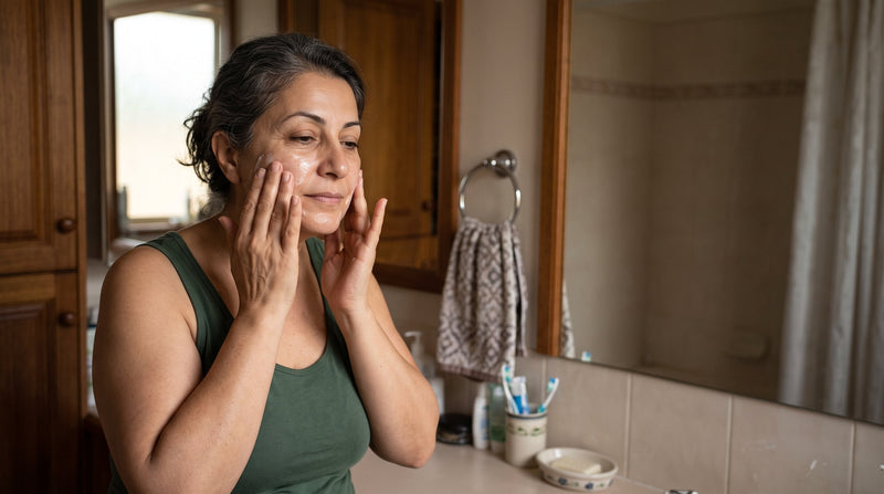 Woman calmly applying moisturiser to her face in natural light, representing gentle daily skin barrier care
