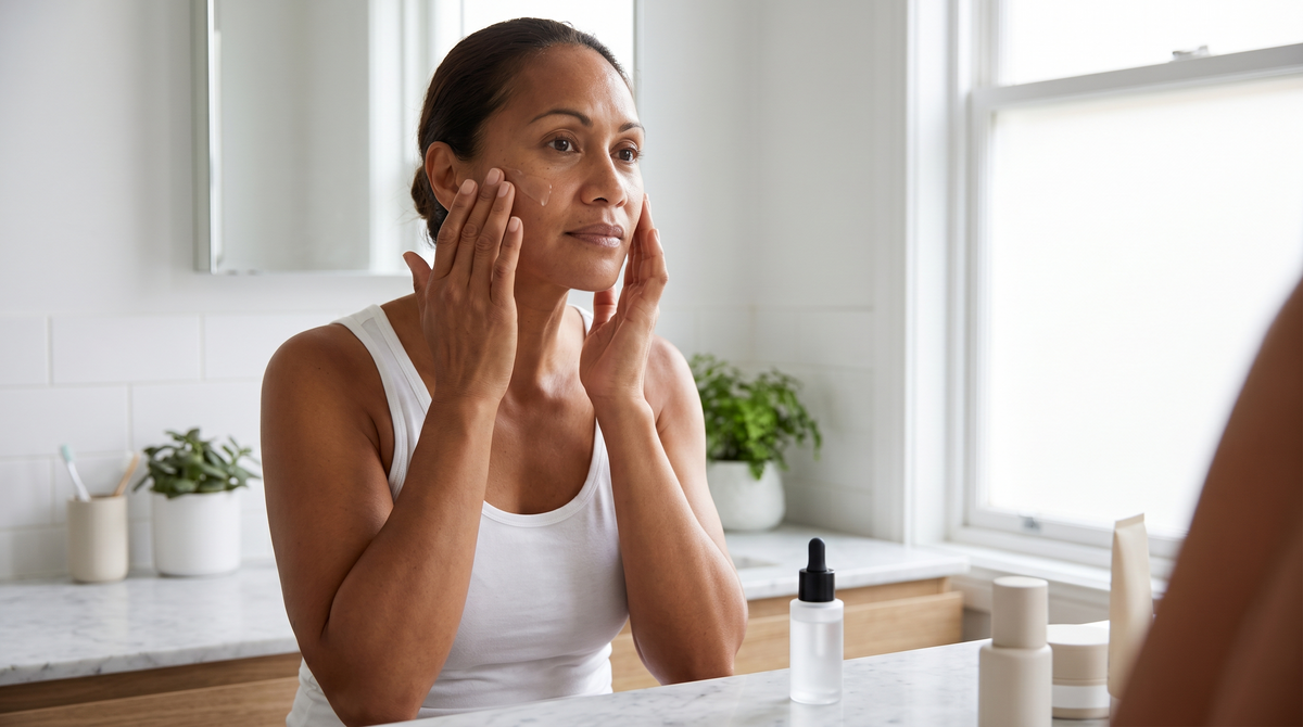 47-year-old Pacific Islander Australian woman with brown skin applying a lightweight serum to her cheek in a bright bathroom with natural morning light