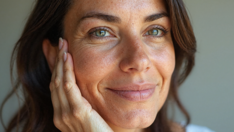 Close-up of a woman in her 40s showing natural skin texture with fine lines around eyes, photographed in soft natural lighting