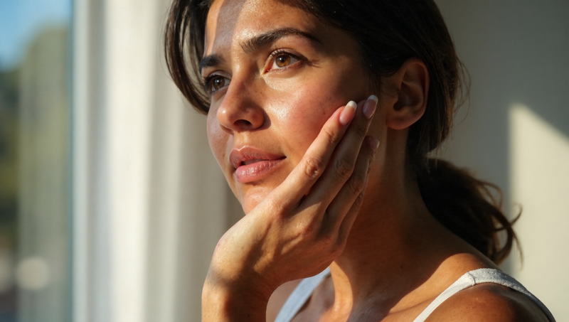Woman in her late 30s examining dark spots on her cheek in natural light, showing concern about recurring pigmentation