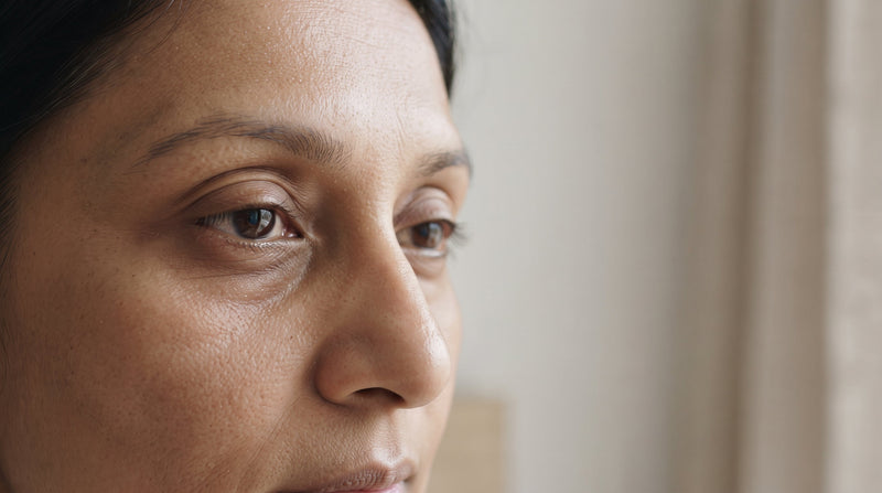 Close-up of undereye area showing natural hollowing associated with age-related volume loss