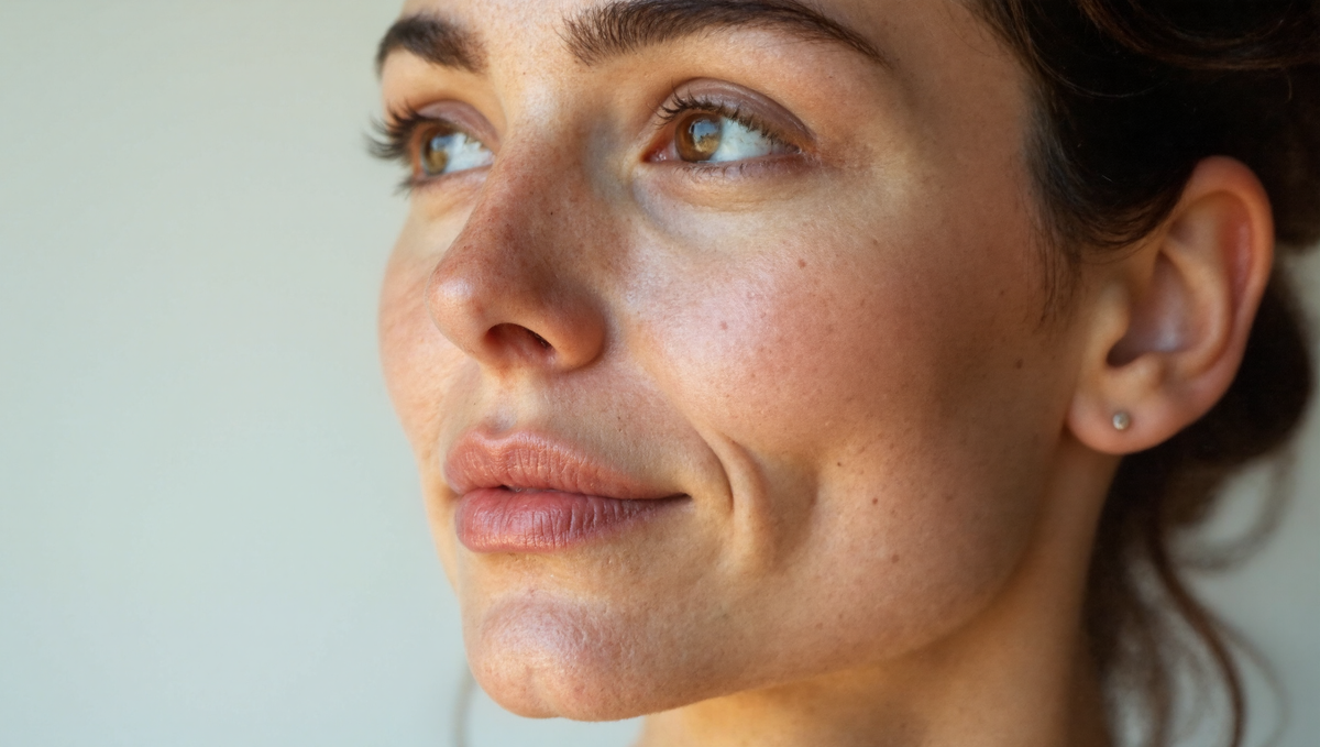 Woman in her late 30s showing dehydrated skin with dull texture and visible fine lines in natural side lighting