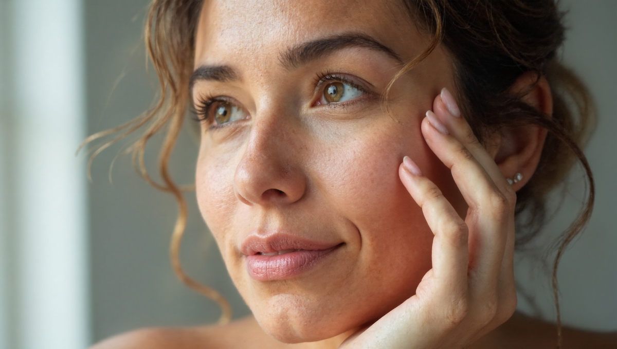 Woman in her 40s with natural skin touching her cheek thoughtfully, examining her skin texture in soft natural lighting