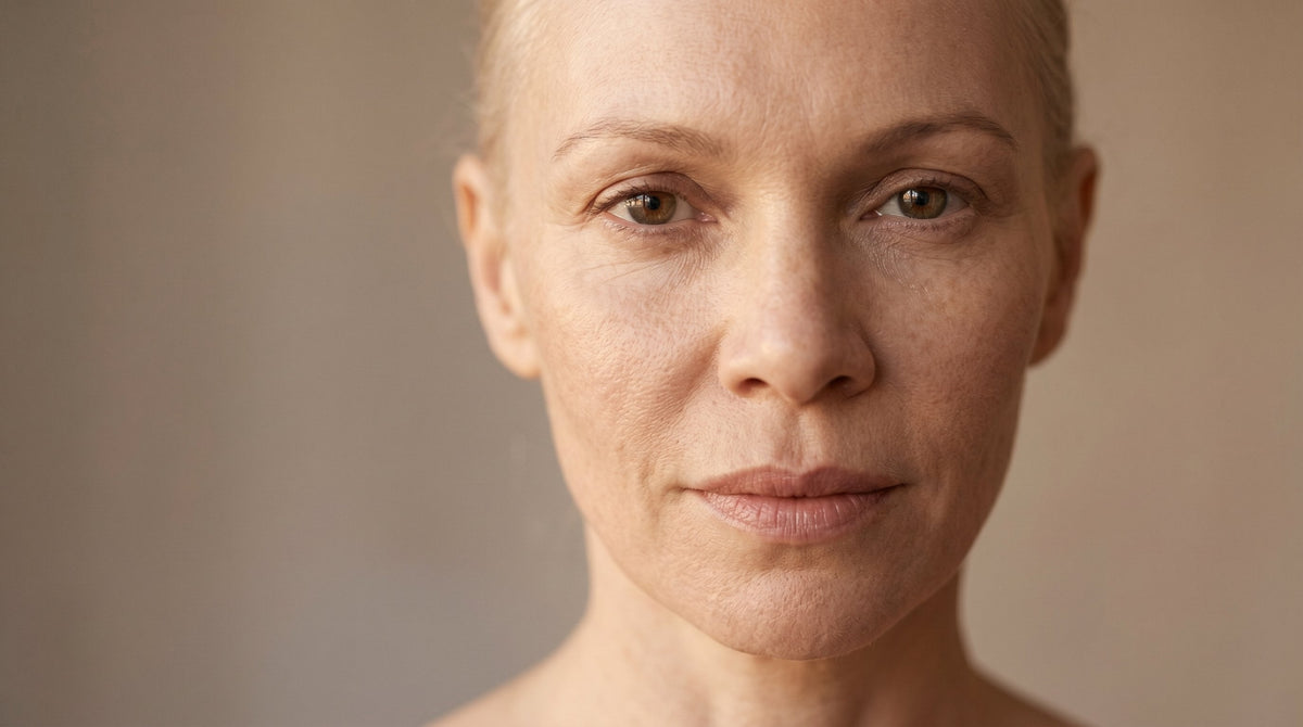50-year-old African Australian woman with very fair skin and slim build, close-up portrait showing natural skin texture with subtle dark spots and fine lines, warm natural lighting