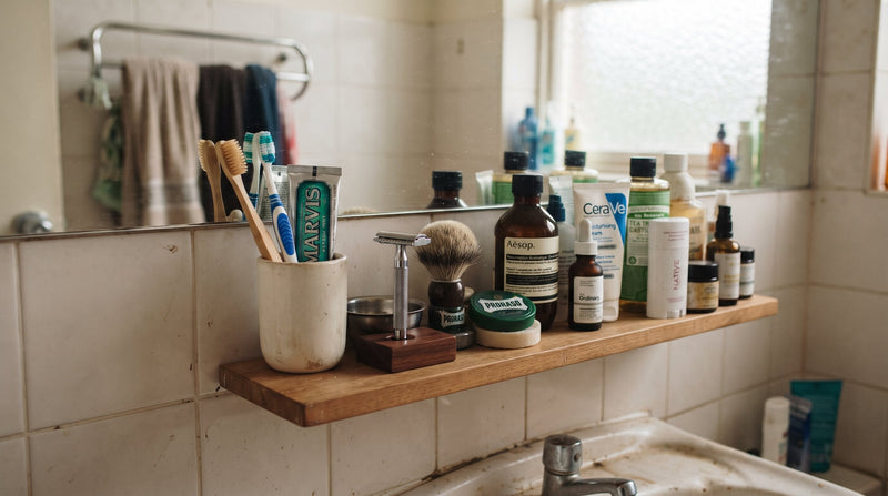 A shared bathroom shelf with skincare and grooming products crowded together