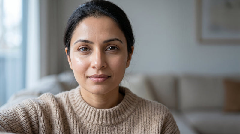 A woman with healthy, glowing skin smiles serenely while wearing a cozy knit sweater indoors during winter.