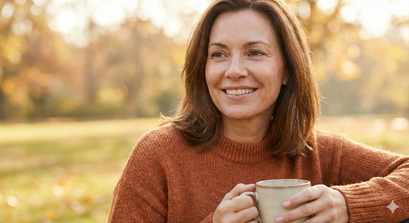 A woman in her 40s with natural, glowing skin smiling softly in a sunlit autumn park, holding a warm ceramic mug to illustrate the shift to a comforting skincare ritual.