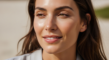 Australian summer skincare editorial — woman with glowing, healthy skin showing the benefits of SPF protection and prevention.