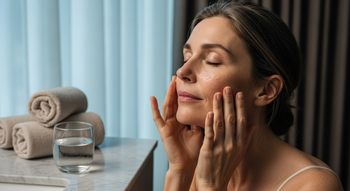 An elegant woman with closed eyes gently massages a hydrating serum into her face, with dewy droplets visible on her skin. She is in a serene, spa-like environment, with rolled towels and a glass of water on a marble counter in the foreground.