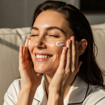 Woman applying multivitamin cream to clean, hydrated skin 