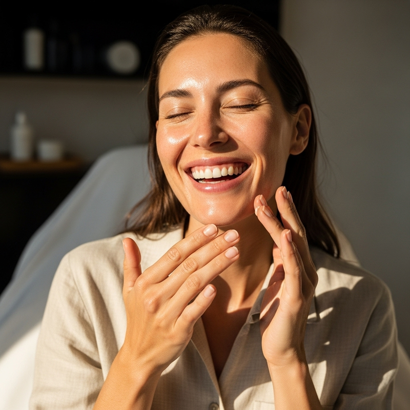 Woman applying serum to clean, hydrated skin as part of a layered skincare routine using the Skin-Soak Method