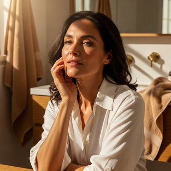 A high-end editorial High-end editorial of diverse women aged 35–55 across Fitzpatrick I–VI as the subject, Model in bathroom lifestyle, radiating Serene confidence.