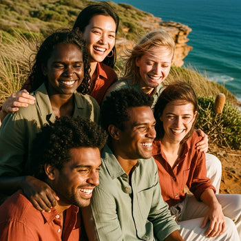 a group of australians in an australian setting with glowing skin, radiating joy and celebrating australia