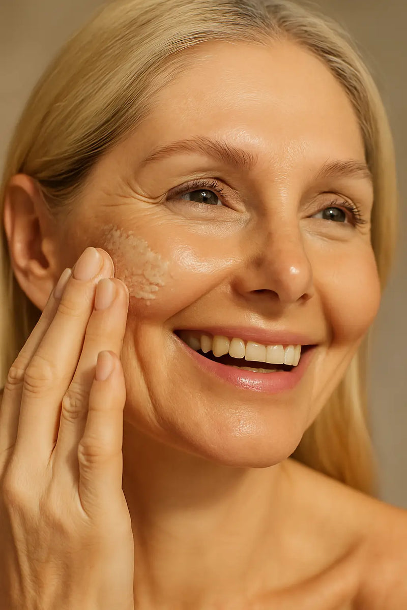 Close-up of a smiling woman with fresh, dewy skin gently exfoliating her face, captured in natural light for a spring skincare routine.