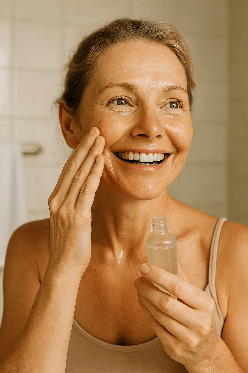 Woman applying serum to clean, hydrated skin as part of a layered skincare routine using the Skin-Soak Method